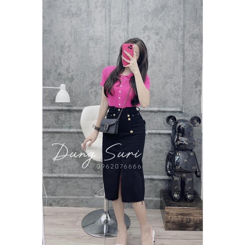 Chân Váy jeans Dài Co Giãn Xẻ Trước, Đính Nút Xịn Đẹp, Đen, Trắng, Xanh