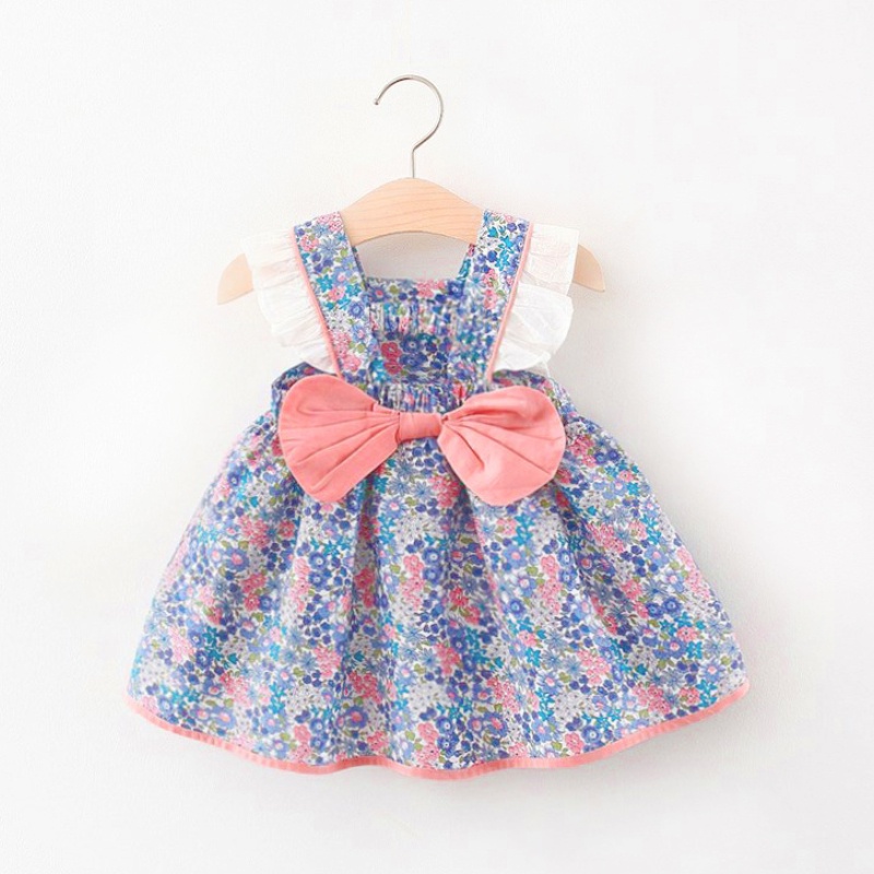 Đầm công chúa hai dây vải cotton in hoa đính nơ thời trang mùa hè xinh xắn dành cho bé gái