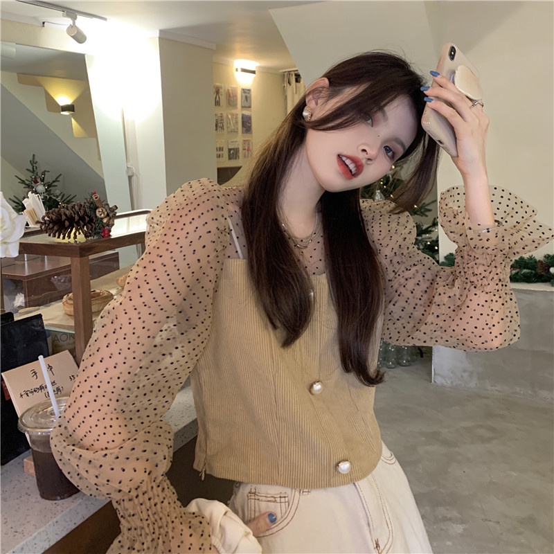 IELGY  Áo Kiểu Tay Phồng Phối Lưới Thời Trang Cho Nữ