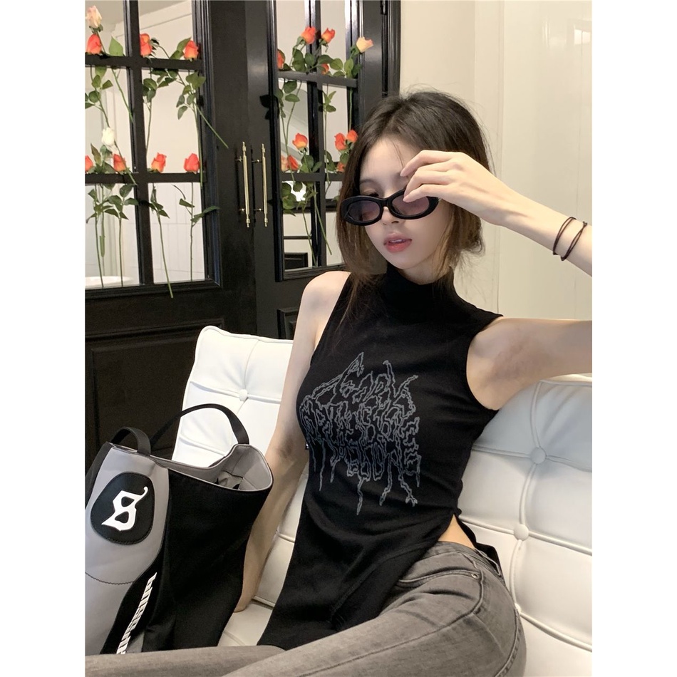 COZOK Sisternancy Áo Sát Nách Mỏng Cổ Cao Xẻ Tà Họa Tiết Trừu Tượng