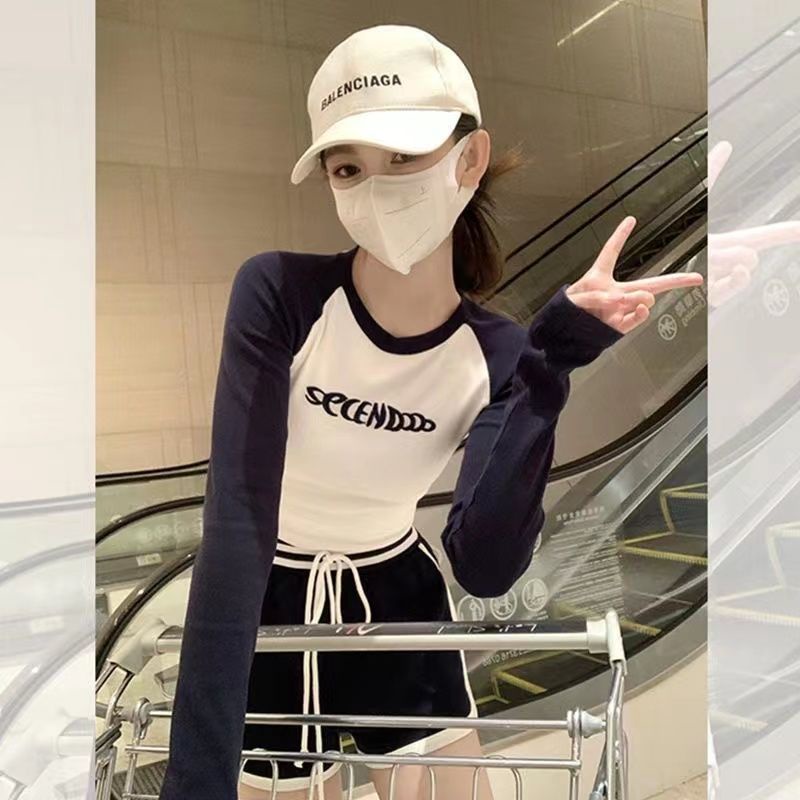 COZOK Áo Thun Tay Dài Dáng Ôm In Chữ Phối Màu Tương Phản Thời Trang