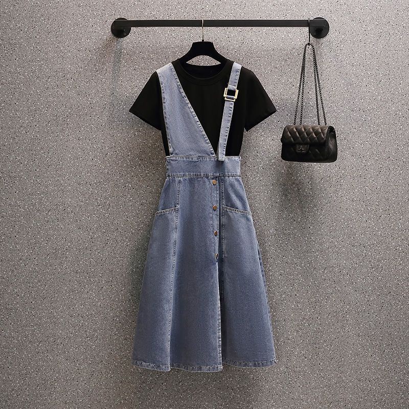 Set Áo Thun Tay Ngắn Màu Trơn Phối Váy Yếm Denim Thời Trang Hè 2022 Plus Size Cho Nữ