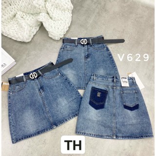 Chân váy Jeans, chân váy bò dáng chữ A lưng cao túi chéo mài nhẹ có lót quần bên trong kèm đai V629