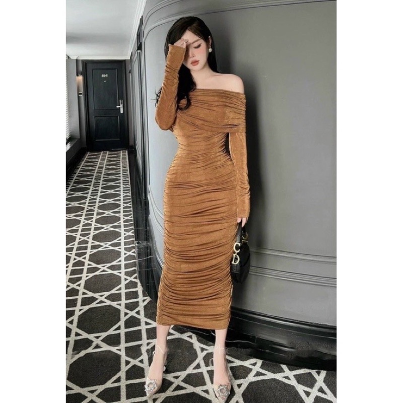 ĐẦM BODY LỤA NHŨ CC TAY DÀI TRỄ VAI NHÚNG EO SANG TRỌNG- HÀNG CHUẨN MẪU MỀM MỊN♥️ SIÊU CO GIÃN&