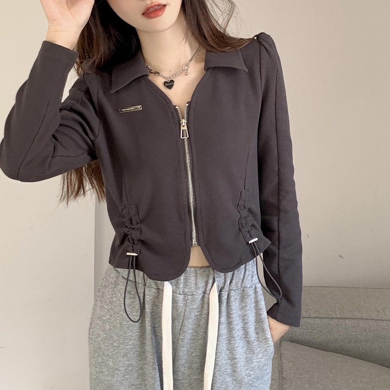 IELGYÁo Thun Lửng Tay Dài Cổ polo Phối Dây Rút Thời Trang Cho Nữ