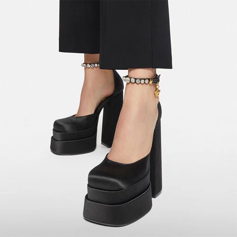 Sandal Cao Gót Đế Dày Mũi Vuông Bằng satin Chống Nước Cao Cấp Phong Cách Hong Kong Hàng Mới Dành Cho Bạn Nữ