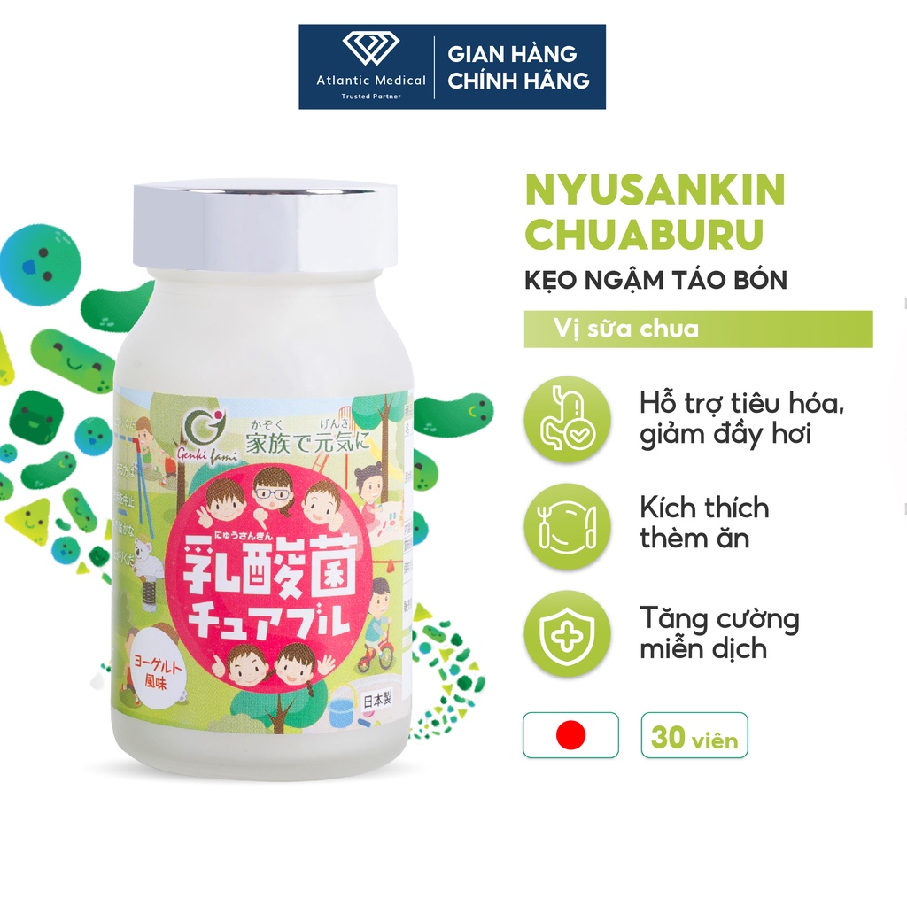 Kẹo Lợi Khuẩn Nyusankin GENKI FAMI Chống Táo Bón, Hỗ Trợ Tiêu Hóa Cho Trẻ Biếng Ăn Hộp 1 Lọ 30 Viên Ngậm