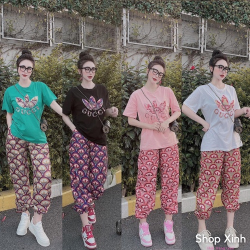 Bộ thể thao adidas nữ thêu nổi, Set áo phông adidas nữ mix quần họa tiết bo gấu tôn dáng thể thao