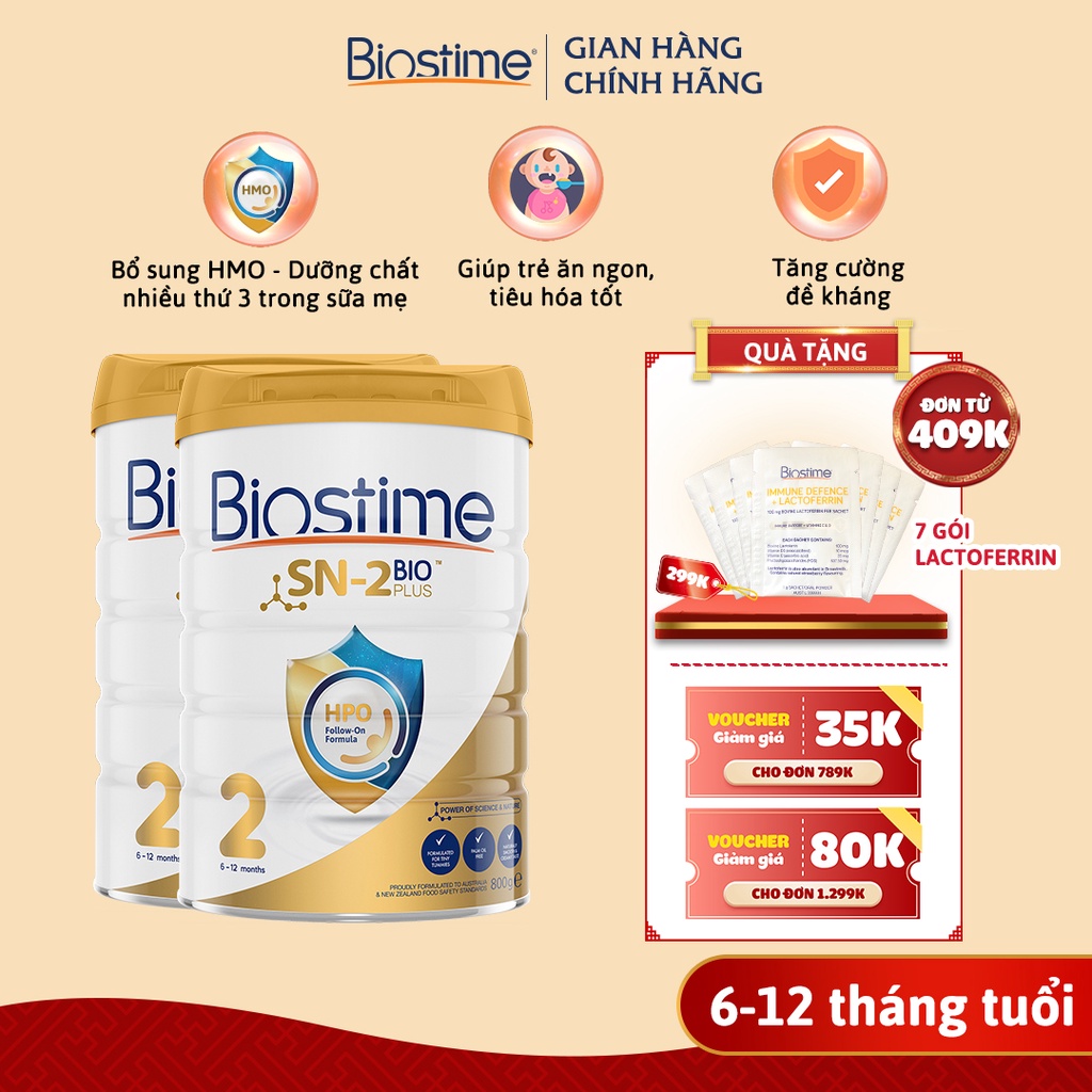 Sữa Bò Biostime SN2 Bio Plus HPO, cải thiện tiêu hóa tăng cường hấp thu cho bé, Combo 2 lon 800g