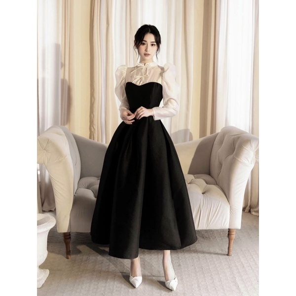 Đầm đen dáng dài phối tay trắng - Chitchitstore
