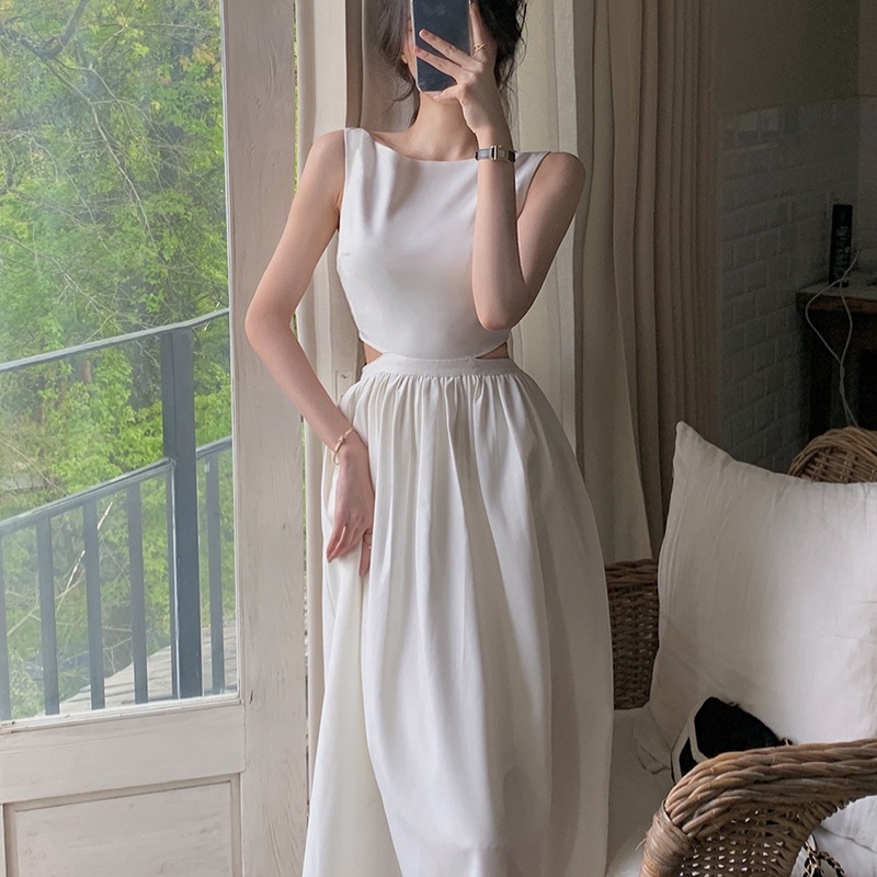 IELGY  Đầm Không Tay Hở Vai Phong Cách hepburn Cao Cấp Dành Cho Nữ