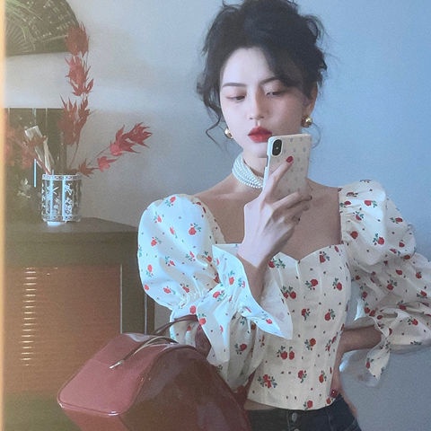 COZOK Áo kiểu COZOK tay phồng cổ vuông họa tiết hoa phong cách vintage thời trang