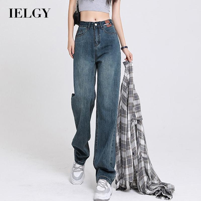 IELGYQuần Jean Dài Lưng Cao Ống Rộng Dáng Suông Kiểu retro Cá Tính Cho Nữ