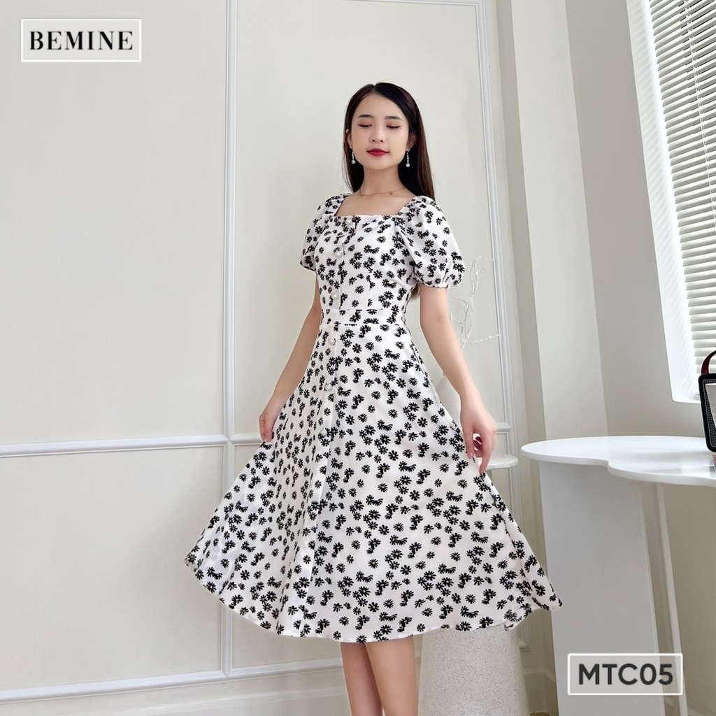 Đầm hoa tay phồng nút dọc BEMINE MTC05