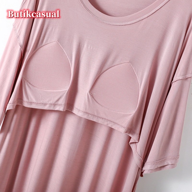 Đầm Ngủ Cotton Trơn Mùa Hè Dáng Suông Tay Cộc Có Mút Đệm Ngực Thoải Mái Cho Nữ