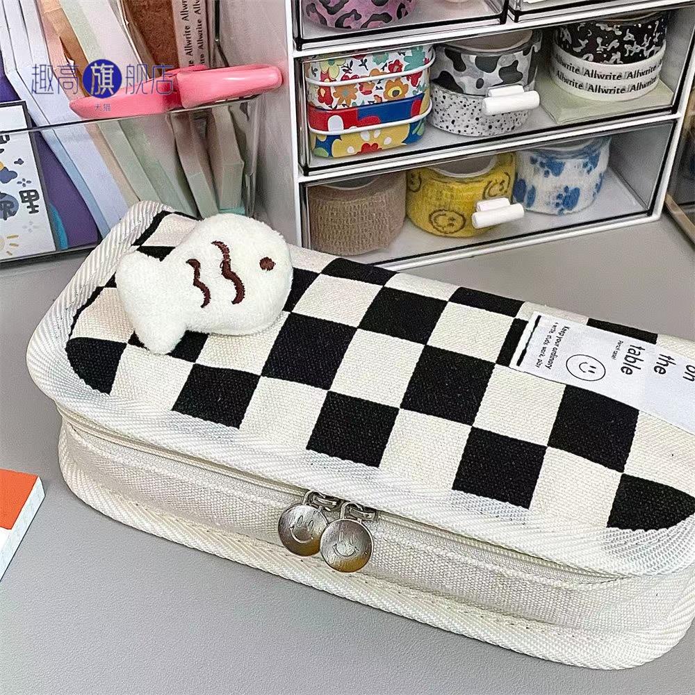 Túi Đựng Bút Bằng Vải Canvas Họa Tiết Caro Dễ Thương