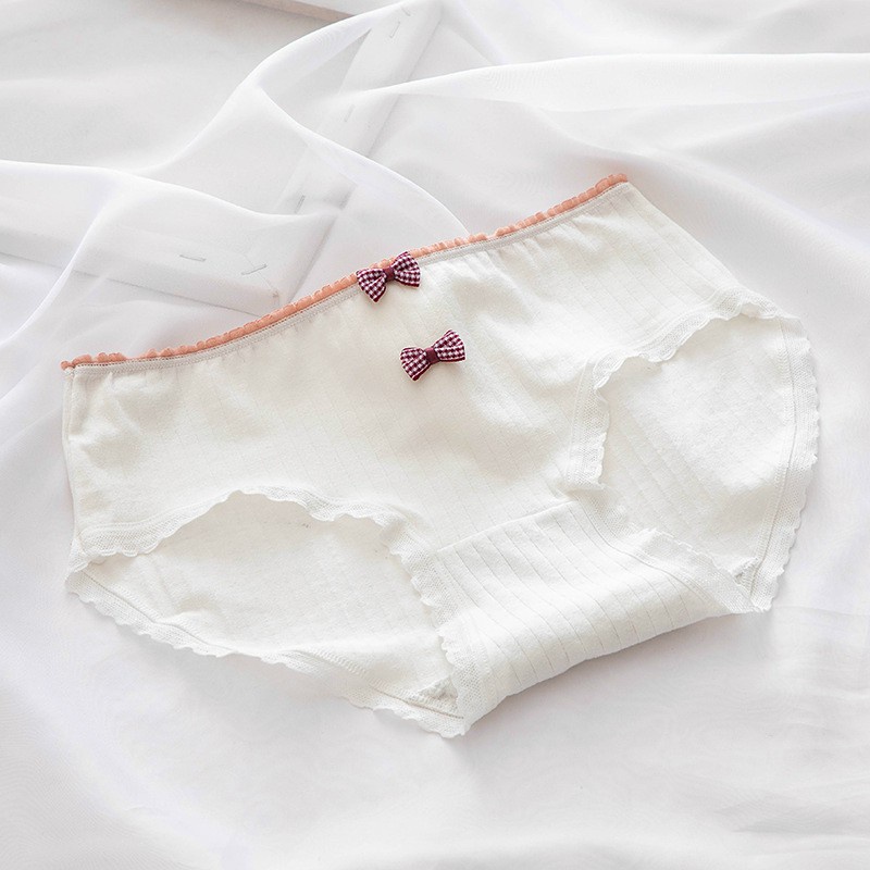 Quần Lót Cotton Tăm Viền Ren Phối Nơ Tông Trắng Đỏ