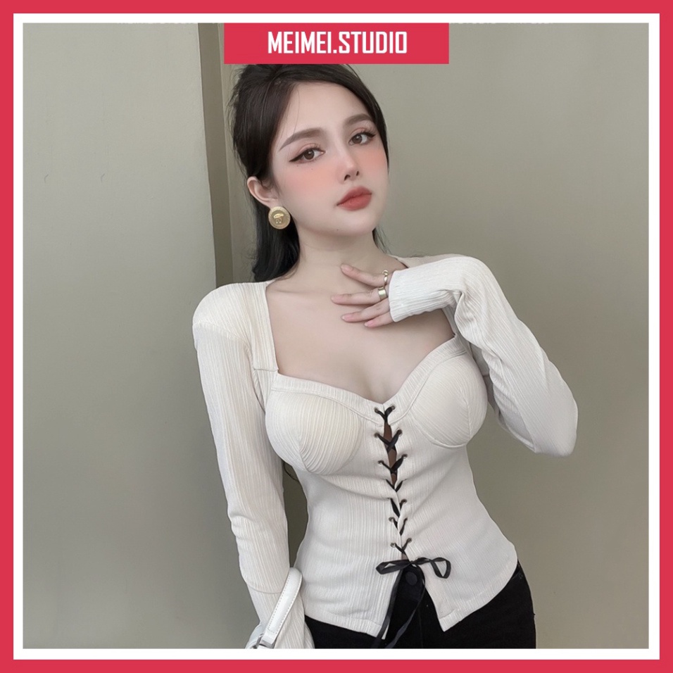 Áo tăm cúp ngực đan dây - Dáng ôm body dài tay cổ vuông - Chất vải co giãn phong cách Hàn Quốc | XKA37 | AIVY Studio