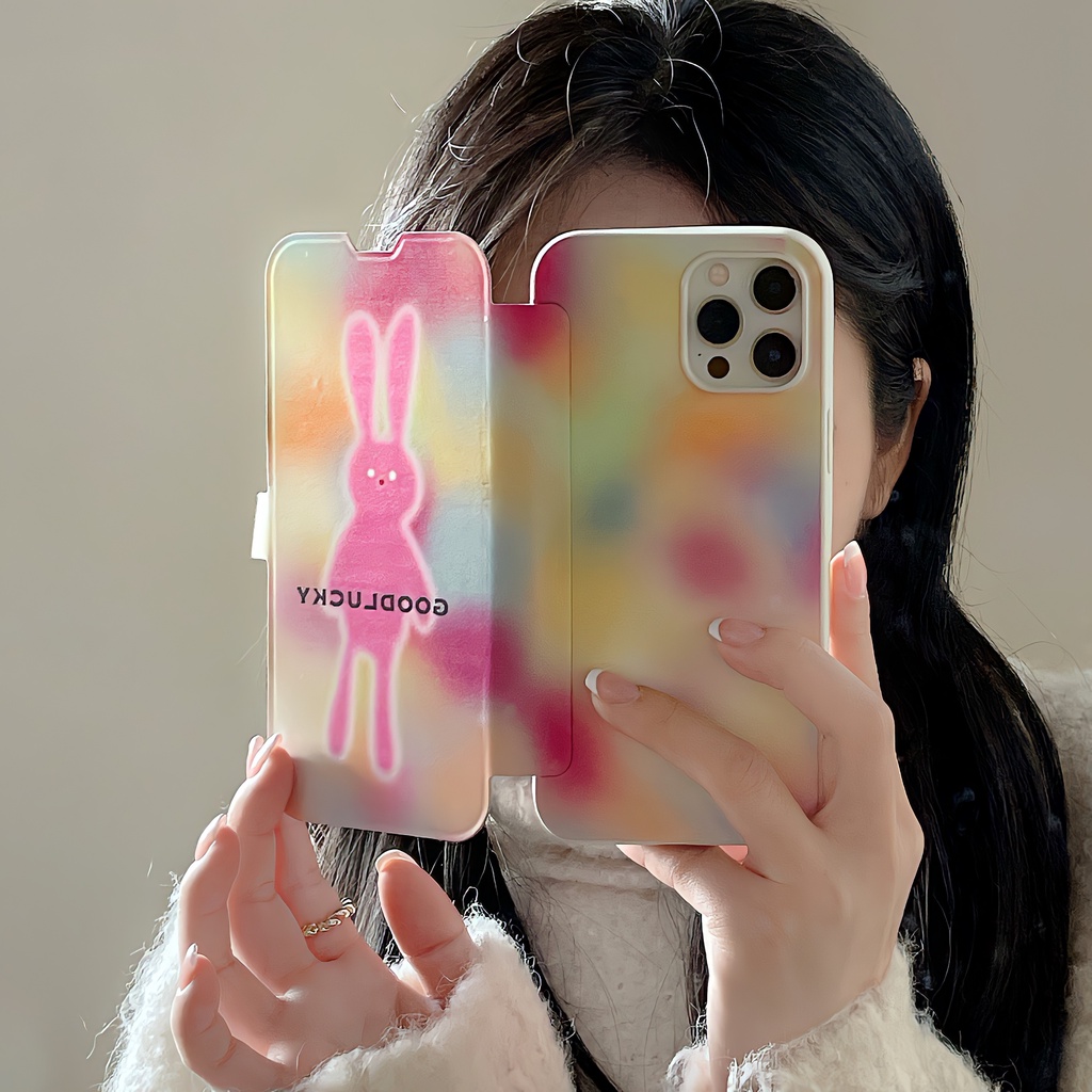 Bao Da Điện Thoại Nắp Lật Mềm Hình Thỏ Cầu Vồng Sáng Tạo Cho iPhone 11 12 13 14 PRO MAX 14 Plus Vỏ