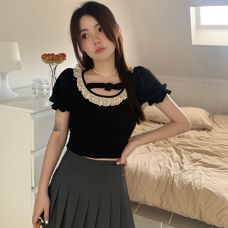 Áo Thun Ngắn Mỏng Tay Phồng Màu Trơn Phối Ren Thời Trang Mùa Hè Cho Nữ