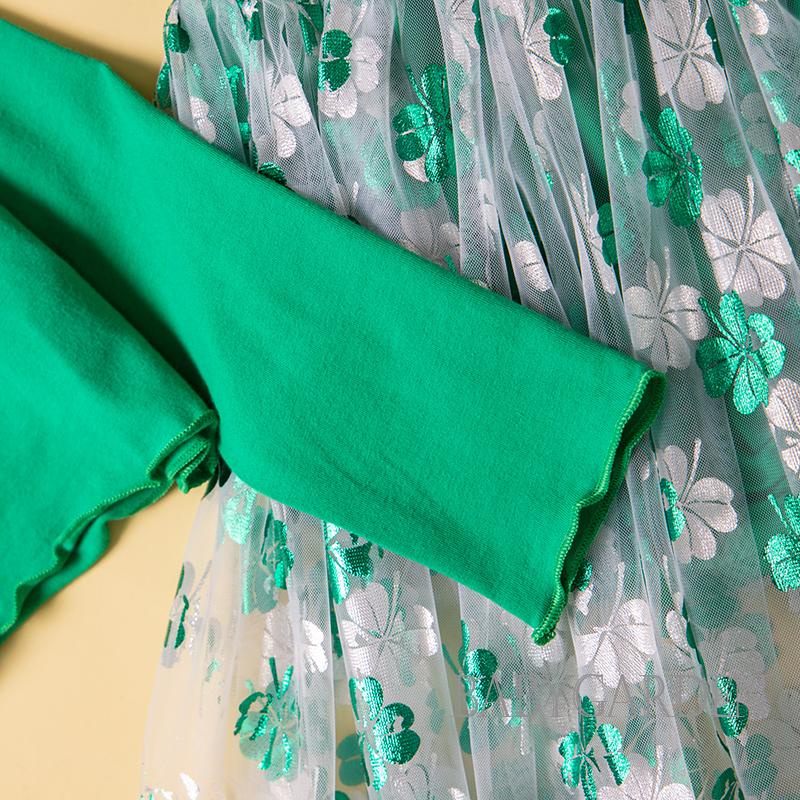 Set Áo Croptop Tay Dài + Chân Váy Lưới Họa Tiết Cỏ Bốn Lá Cho Bé Gái 1-6 Tuổi