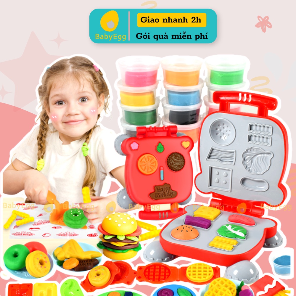 Đồ chơi đất nặn máy làm hamburger cho trẻ em nấu ăn bé trai bé gái làm mì làm kem bánh gato babyegg 3 4 5 6 tuổi