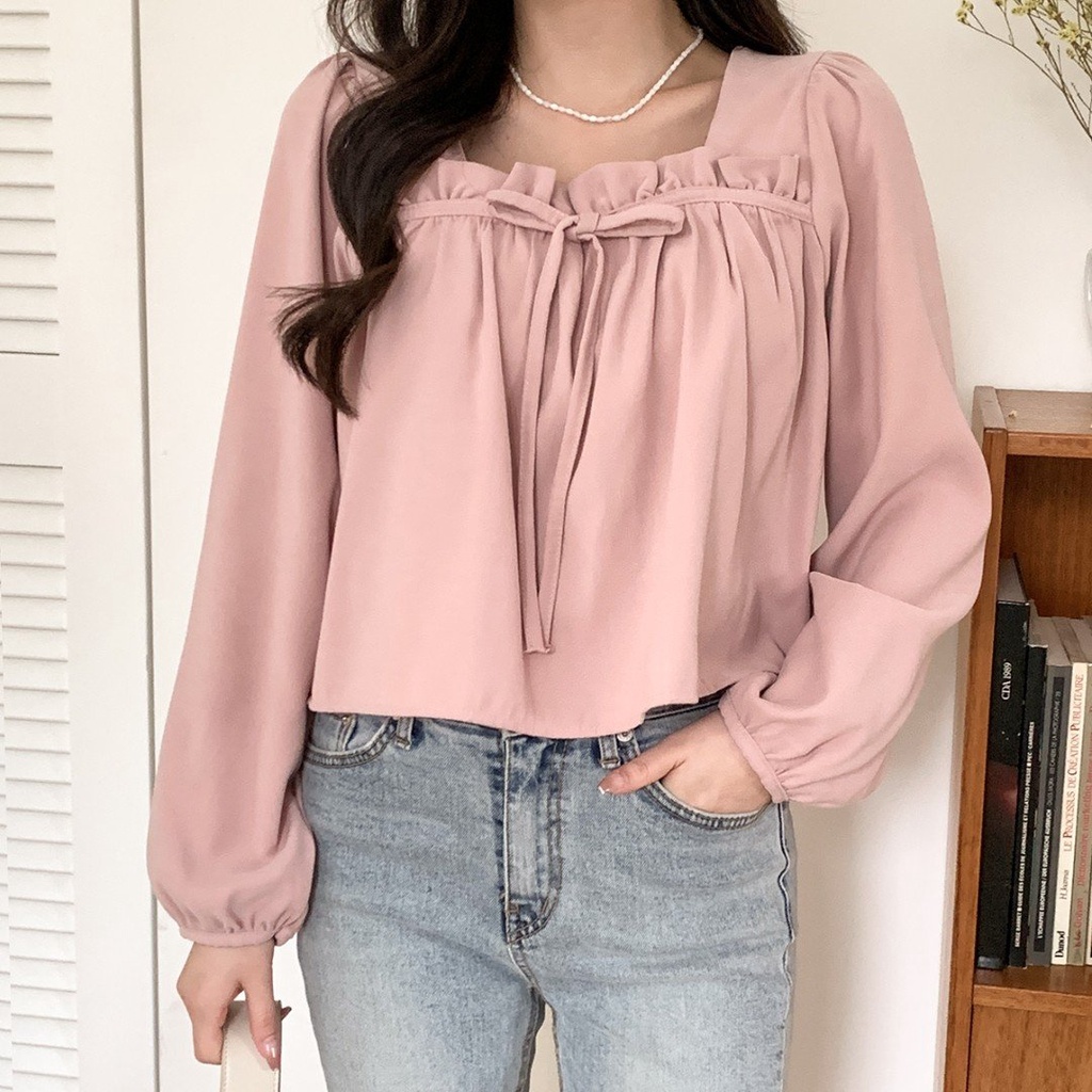 Áo babydoll dáng croptop cổ vuông phối nơ tay bo phong cách Hàn Quốc (Made in Korea)