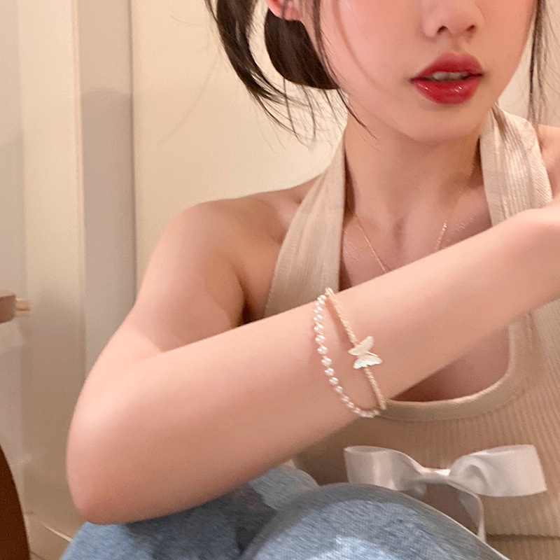 Vòng Tay Hở Hai Lớp Hình Bướm Đính Ngọc Trai Sang Trọng Cho Nữ