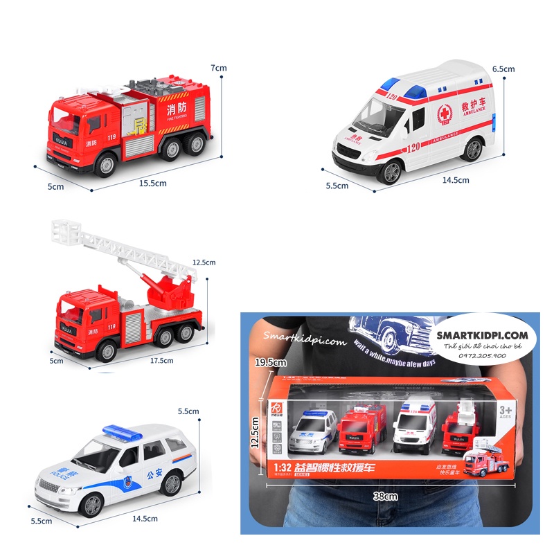 - Hộp 4 xe cứu hỏa cảnh sát chạy đà - Nhựa ABS an toàn cho bé