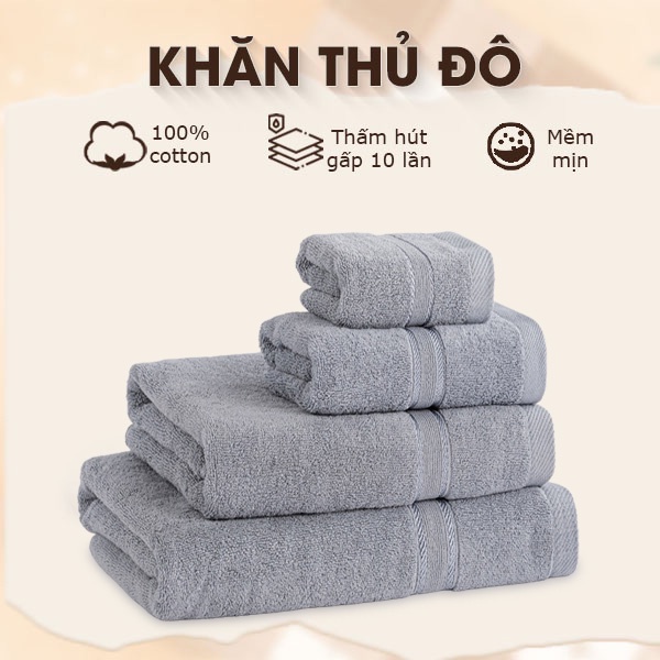 Combo 4 khăn bông tắm gội rửa mặt, 100% cotton thấm hút kháng khuẩn, không xổ lông phai màu an toàn cho sức khoẻ