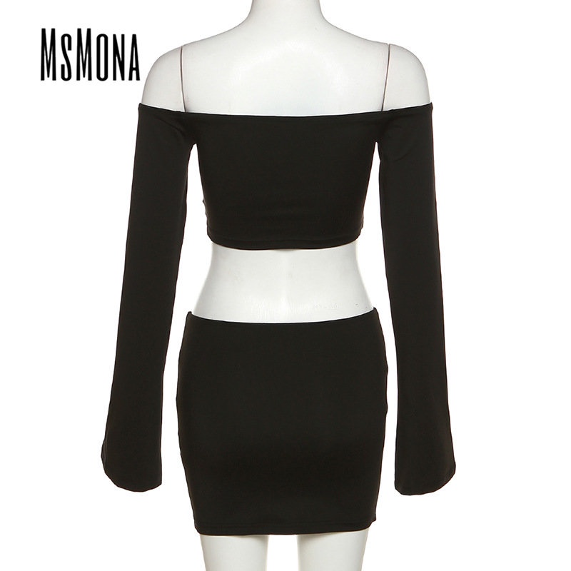 MsMona Bộ Áo Trễ Vai Tay Dài + Quần Lưng Thấp Màu Trơn Thời Trang 2023 Quyến Rũ Cho Nữ