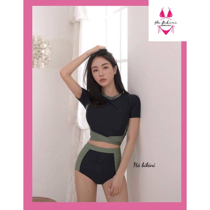 Bikini đồ bơi đi biển hai mảnh xanh phối đen hàn quốc HÀ BIKINI M48