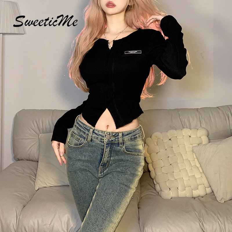 Áo Thun Tay Dài Cổ Chữ V Màu Trơn Dáng Ôm Thời Trang 2023 Dành Cho Bạn Nữ