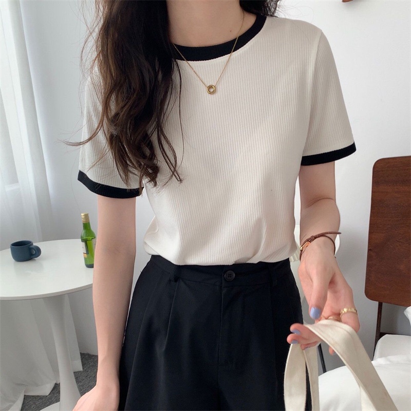 WANGJIAOZHAN Áo Thun Ngắn Tay Cổ Tròn Phối Màu Thời Trang Hàn Quốc Mới