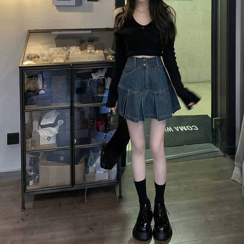 IMAODOU Chân váy denim  chữ A xếp ly lưng cao thời trang mùa hè cho nữ