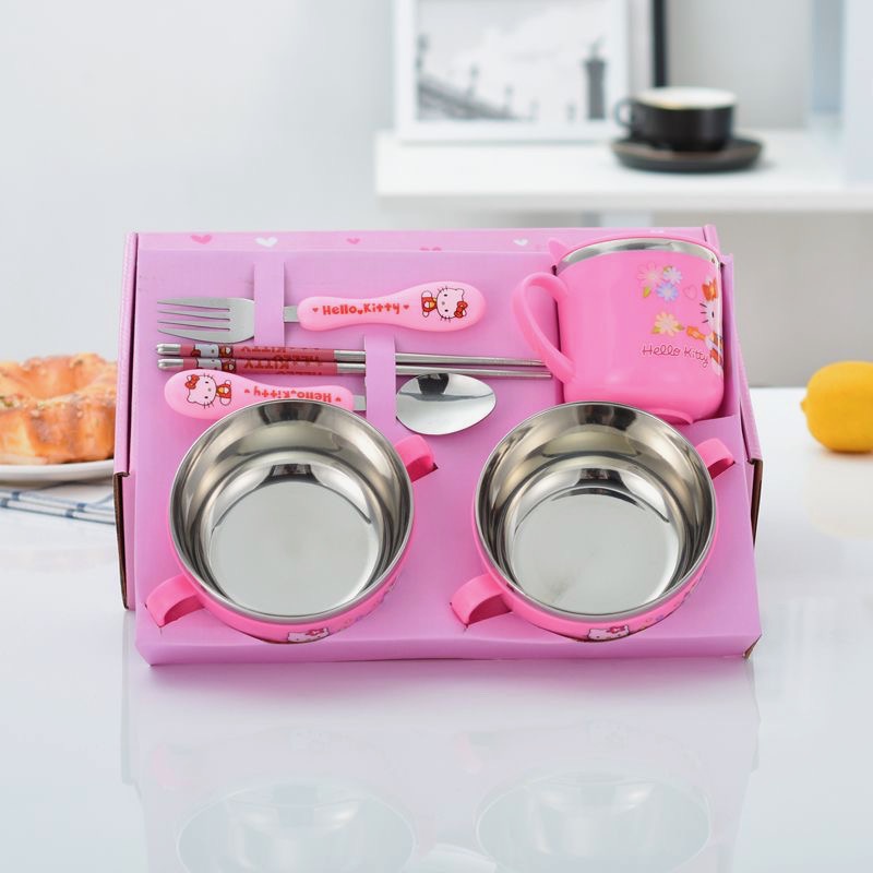 Bộ đồ ăn trẻ em cốc-bát-đũa-thìa-dĩa inox hoạ tiết Doraemon & mèo Kitty cho bé trai & bé gái