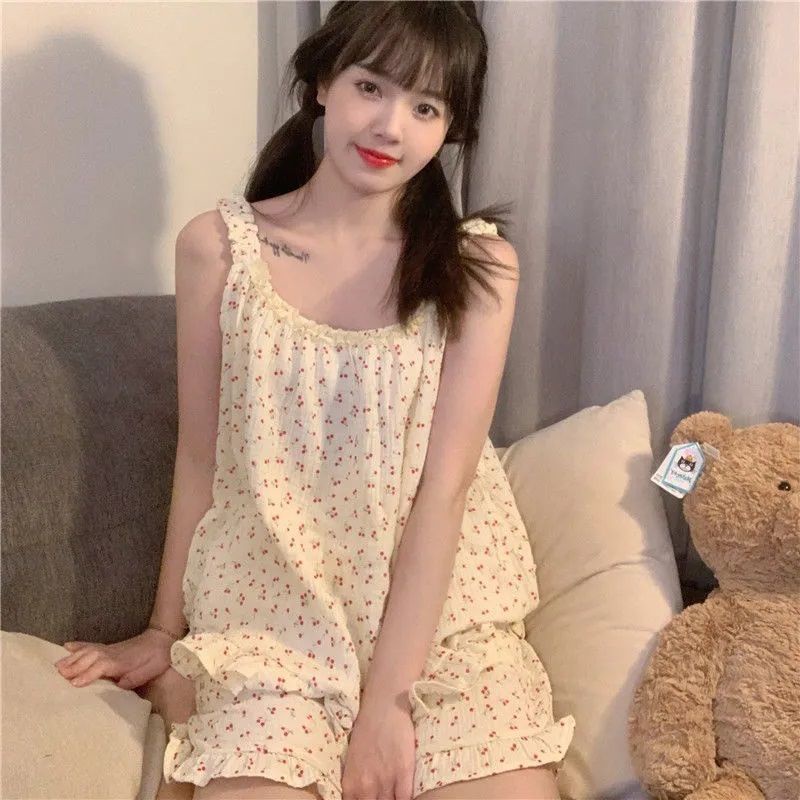 Bộ Đồ Ngủ Ngắn Hai Dây Mỏng Phong Cách Mới Mùa Hè Ngọt Ngào Cho Nữ