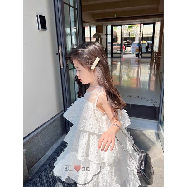 Váy đầm bé gái_Đầm trắng tơ phối ren 3 tầng tiểu thư cho bé 8-26kg SSK10