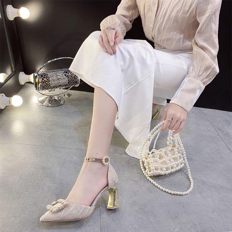 Giày Cao Gót 5-7cm Đính Ngọc Trai Lấp Lánh Thời Trang Hàn Quốc