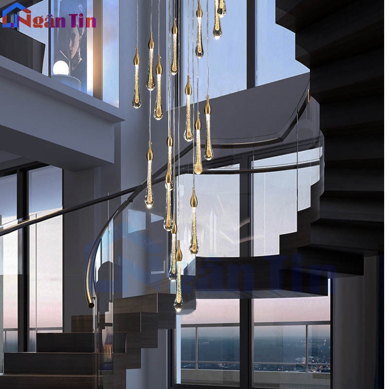 Đèn thả thông tầng pha lê giọt nước Led 9 bóng trang trí cầu thang phòng khách Led 45W ánh sáng vàng THD15T9 Ngân Tin