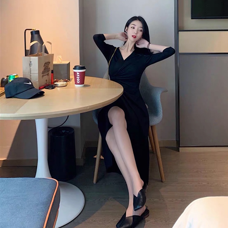 IELGY    Đầm Ôm Xẻ Tà Nhẹ Nhàng Phong Cách Gia Đình