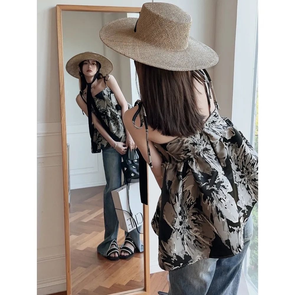 (Sẵn) Áo hai dây thắt nơ Miuna có hoạ tiết hoa, Áo babydoll hai dây phong cách retro | BigBuy360 - bigbuy360.vn