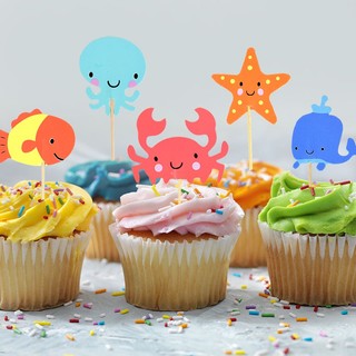 Set 6 cờ trang trí bánh cupcake chủ đề sinh nhật chủ đề biển cả cho bé trai