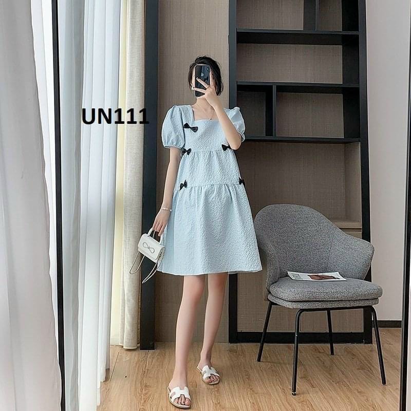 Váy Bầu chất xốp nhăn cổ vuông, đính nơ☘️ảnh thật cận chất ✨dáng babydol,thấm hút mồ hôi, thoáng mát, công sở mùa hè