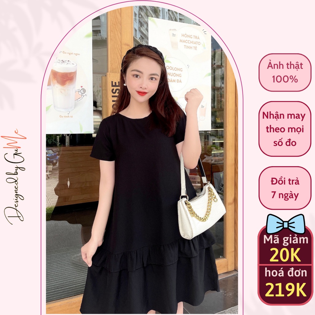 Váy bầu bigsize - Đầm bầu thiết kế GuMe 2 màu xan, đen dáng suông bèo tầng chất vải chéo hàn size từ 40-100kg MB234