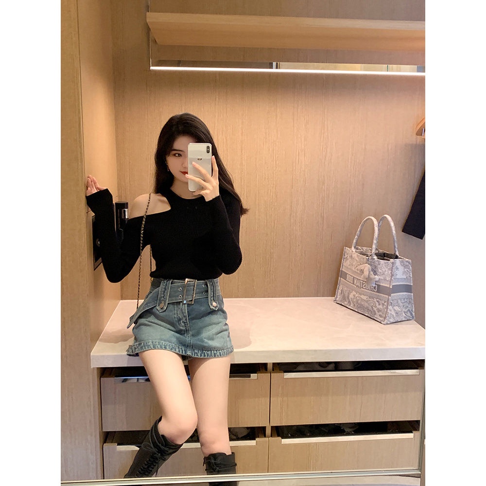 COZOK Áo Thun Đen Tay Dài Cổ Tròn Hở Vai Thời Trang Dành Cho Nữ