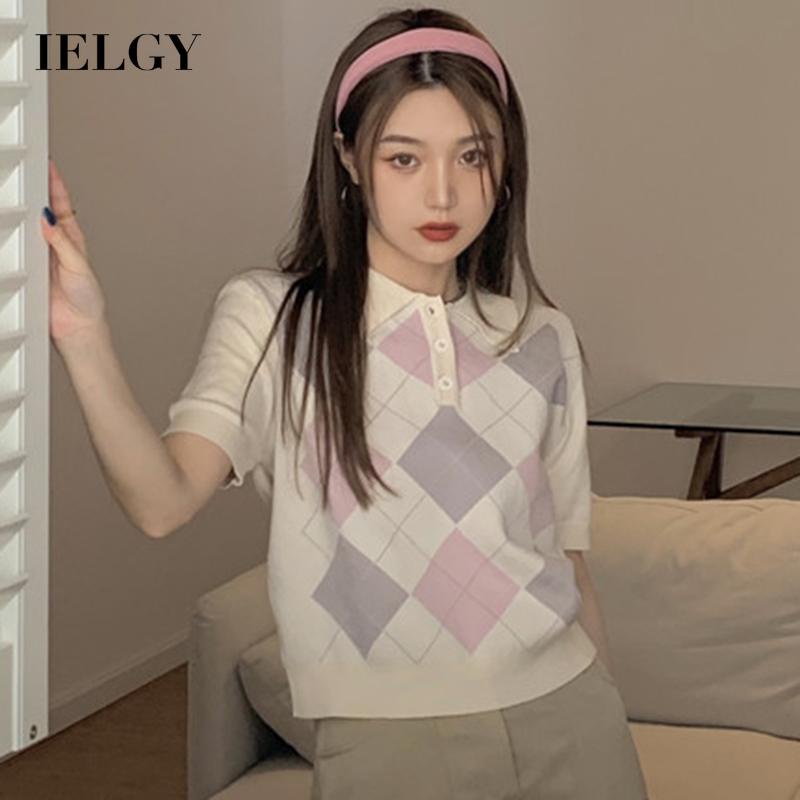 IELGY Áo Dệt Kim Ngắn Tay Họa Tiết Hình Thoi Thời Trang Cho Nữ