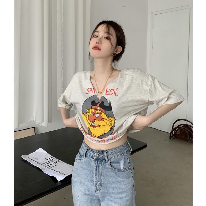 Jiashucheng Áo Thun Ngắn Tay Cổ Chữ V Form Rộng Phong Cách Retro Mỹ