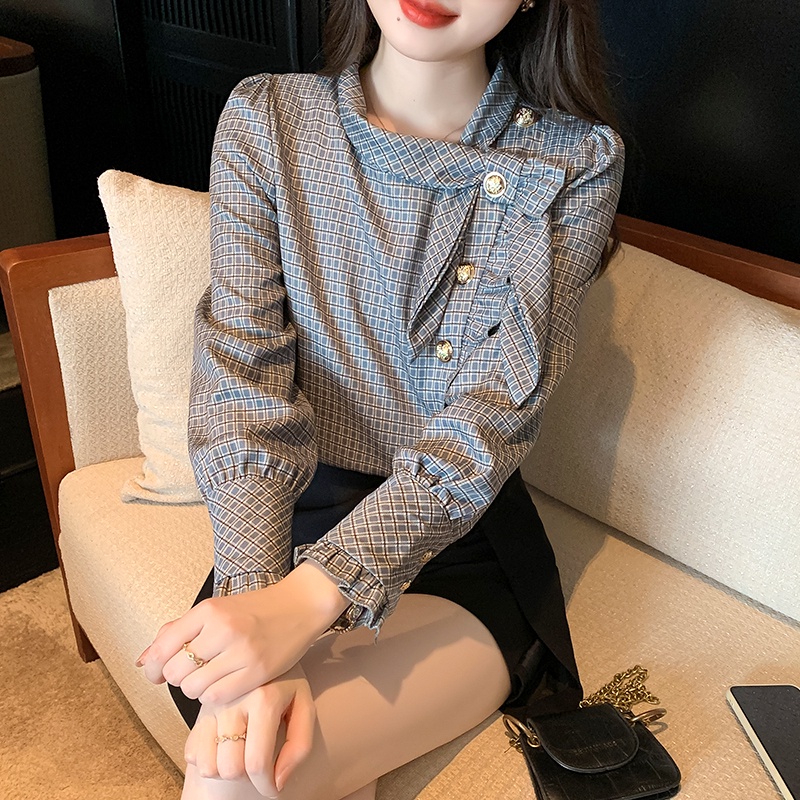 Áo Sơ Mi Nữ Tay Dài Phồng Họa Tiết Caro Phong Cách Mới