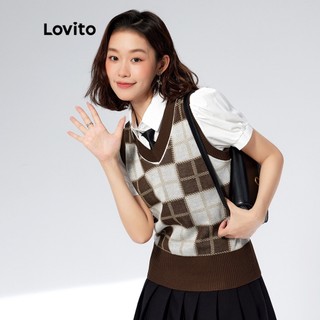 【Gợi ý từ KOL】Áo dệt kim Lovito cổ chữ V kẻ sọc caro và ô vuông phong cách thường nhật trẻ trung L10070 (màu kaki)